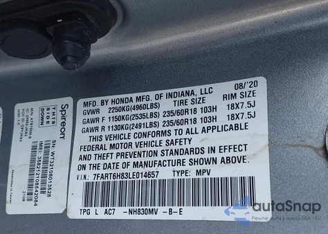 2020 Honda Cr-V Hybrid Ex-L z USA, uszkodzony, nr VIN 7FART6H83LE014657